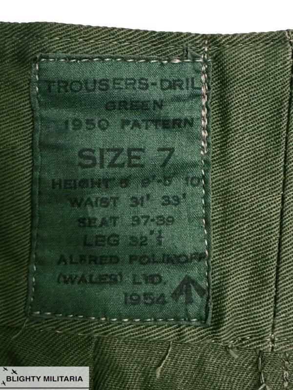 Deadstock Original 1954 Dated British Army 1950 Pattern Jungle Green Trousers - Size 7 in Trousers & shorts