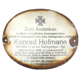 Enamel Grave Marker to Gebirgsjäger 'Konrad Hofmann'
