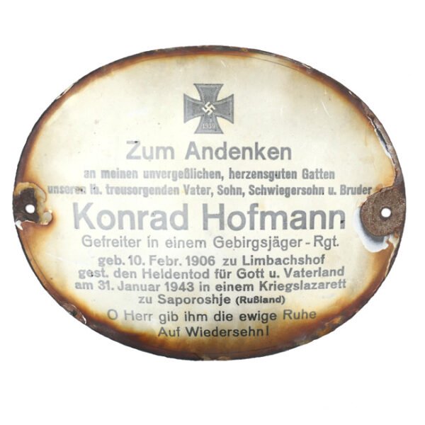 Enamel Grave Marker to Gebirgsjäger 'Konrad Hofmann'