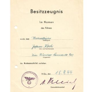 'Kubanschild' Award-Document