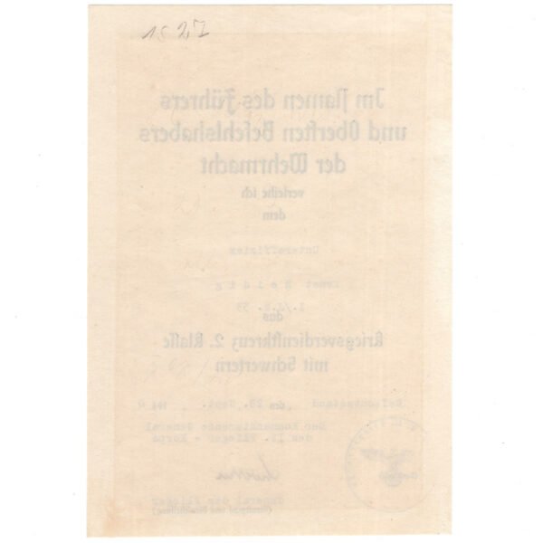 Luftwaffe Jagdgeschwader 53 'War Merit Cross 2nd Class with Swords' Award Document