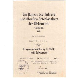 Luftwaffe Jagdgeschwader 53 'War Merit Cross 2nd Class with Swords' Award Document