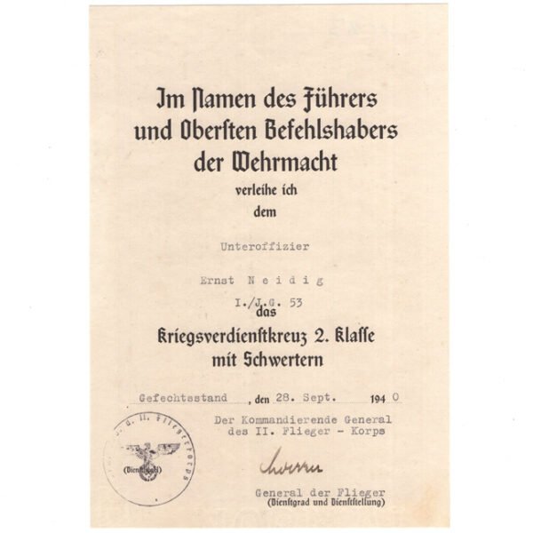 Luftwaffe Jagdgeschwader 53 'War Merit Cross 2nd Class with Swords' Award Document