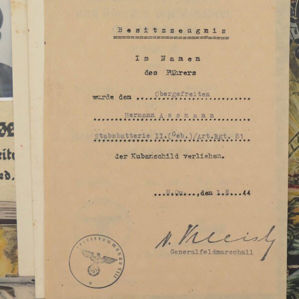 WH (Heer) Award Document Grouping 'Hermann Assmann'